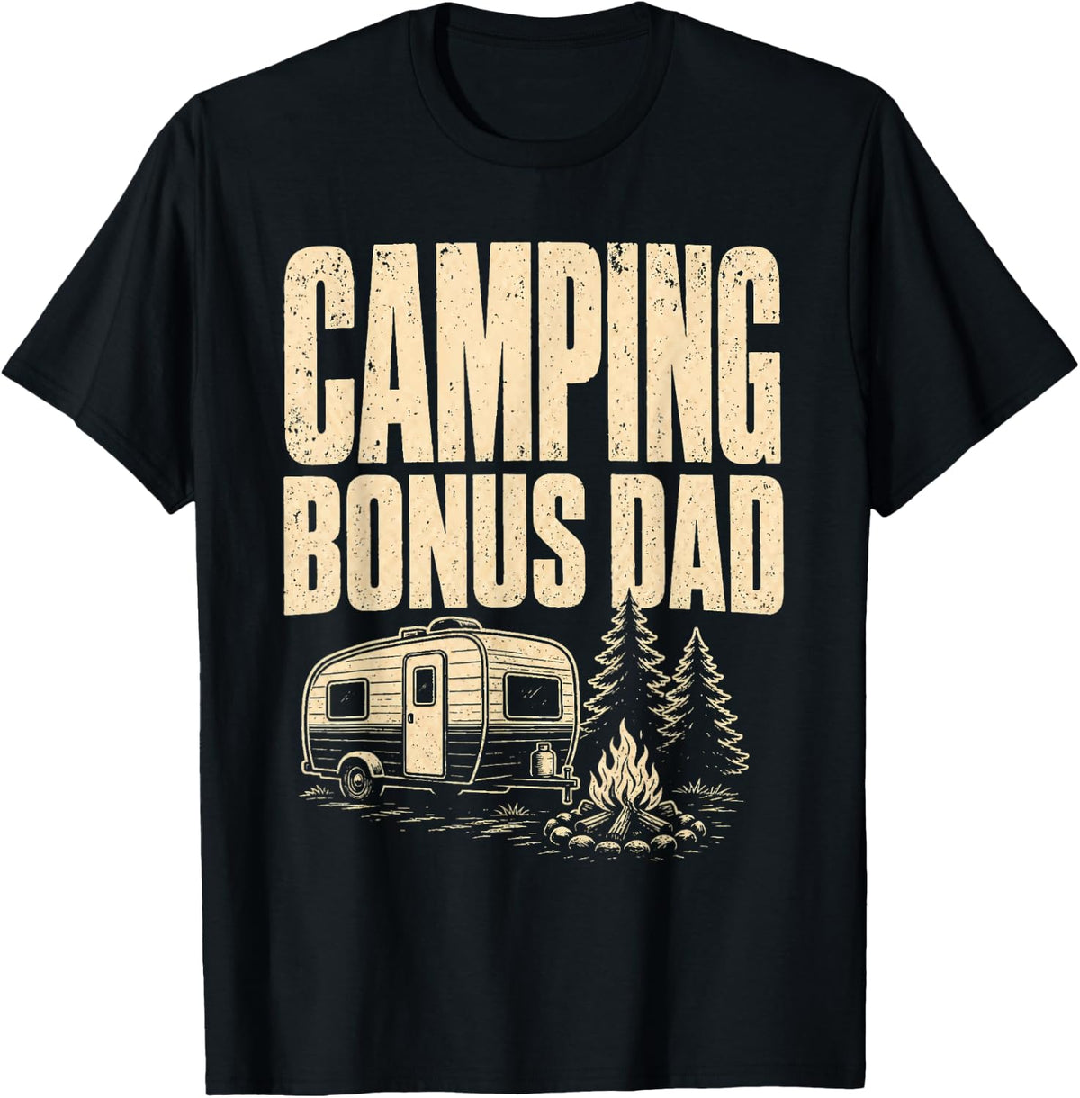 Camping Bonus Dad Funny Camper Trailer Crew Campfire Art T-Shirt - Black