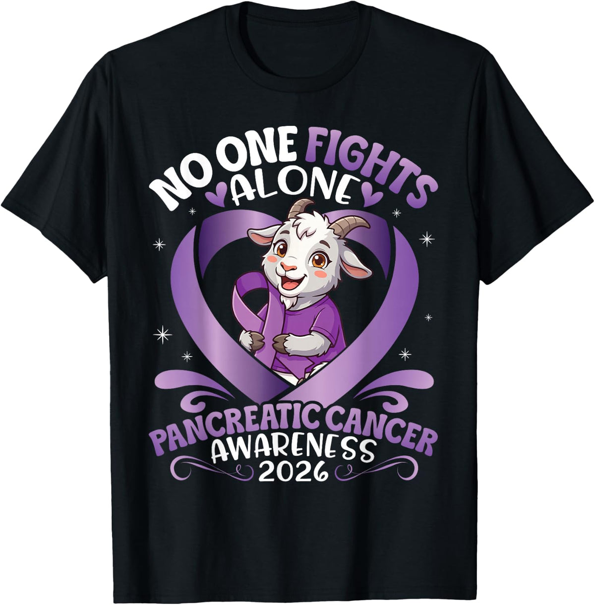 Goat No One Fights Pancreatic Cancer Alone Awareness 2026 T-Shirt - Black