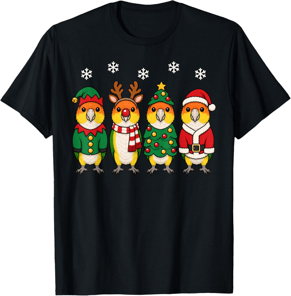 White Bellied Caique Christmas Reindeer Santa Parrot T-Shirt - Black