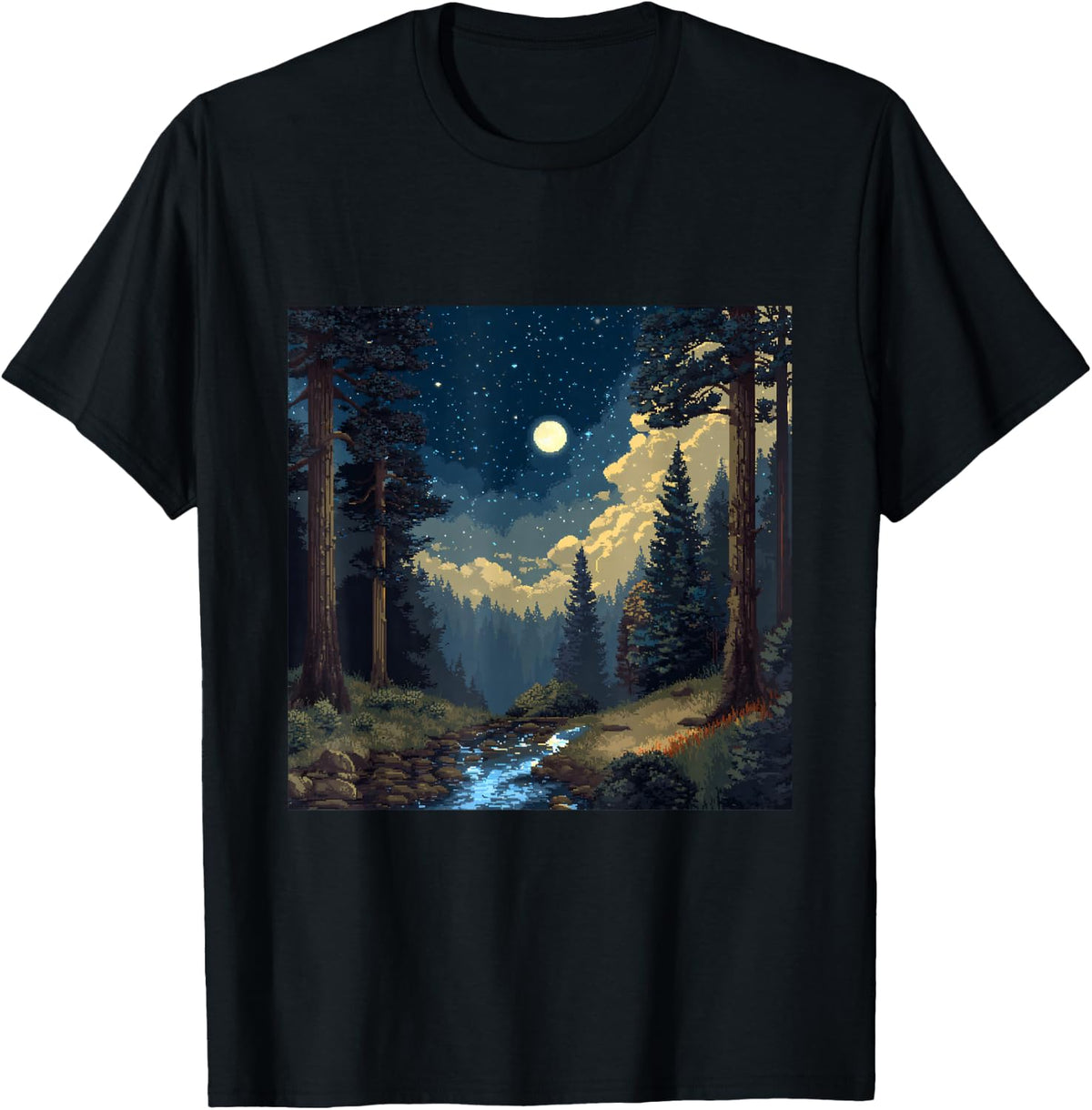 Pixel Art Forest Night Sky Moon River T-Shirt - Black