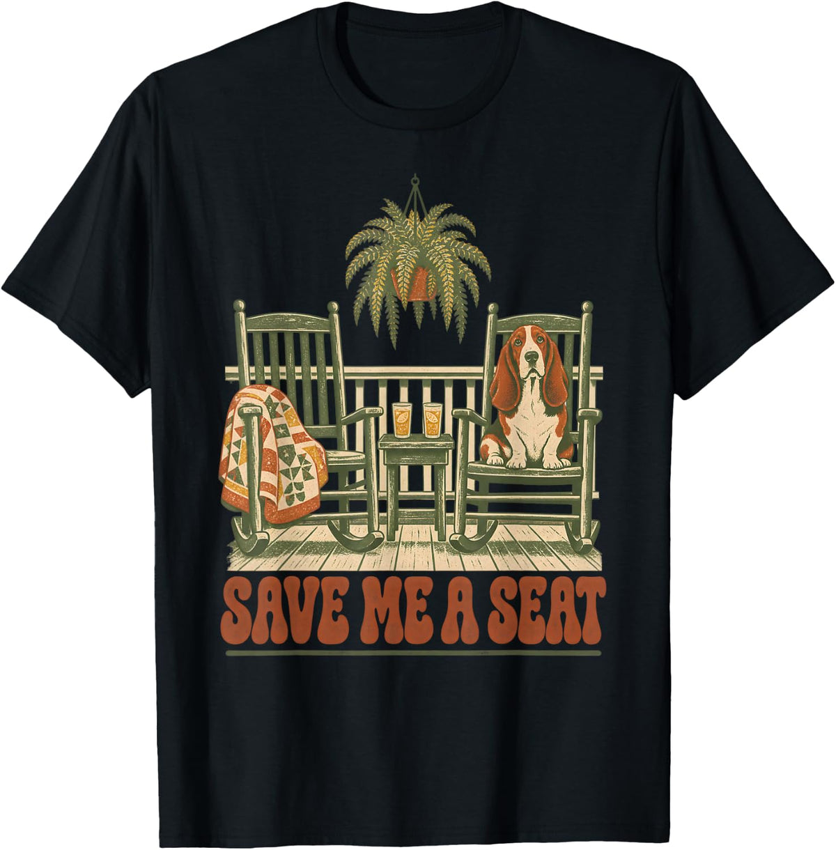 Save Me A Seat Basset Hound Porch Scene T-Shirt - Black