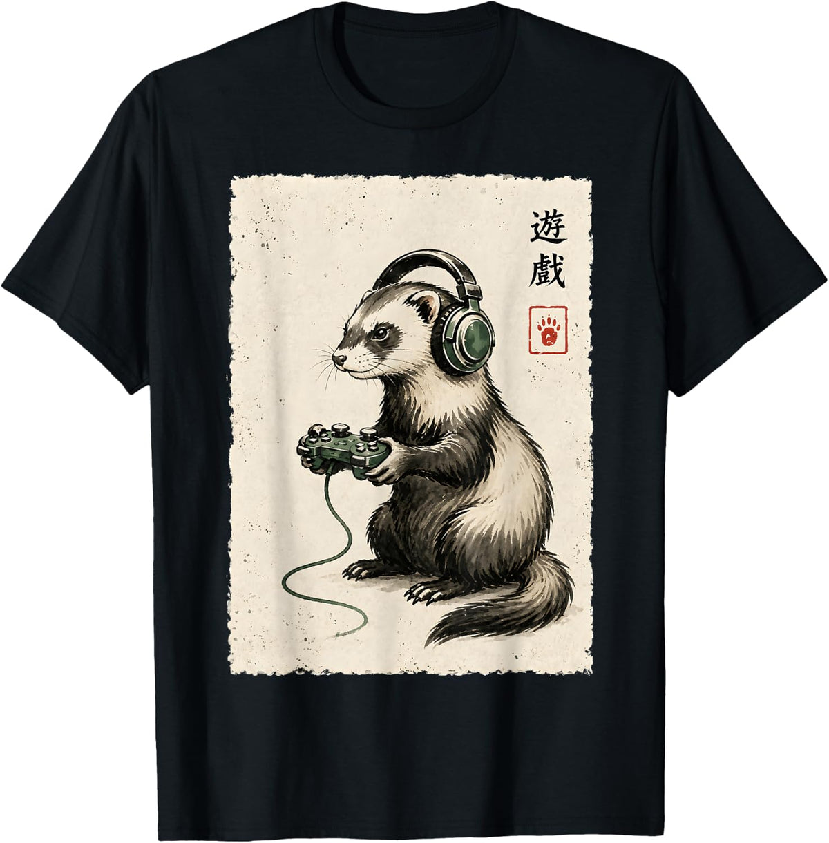 Gamer Ferret Japanese Art Ukiyo E Headphones Kawaii Gaming T-Shirt - Black