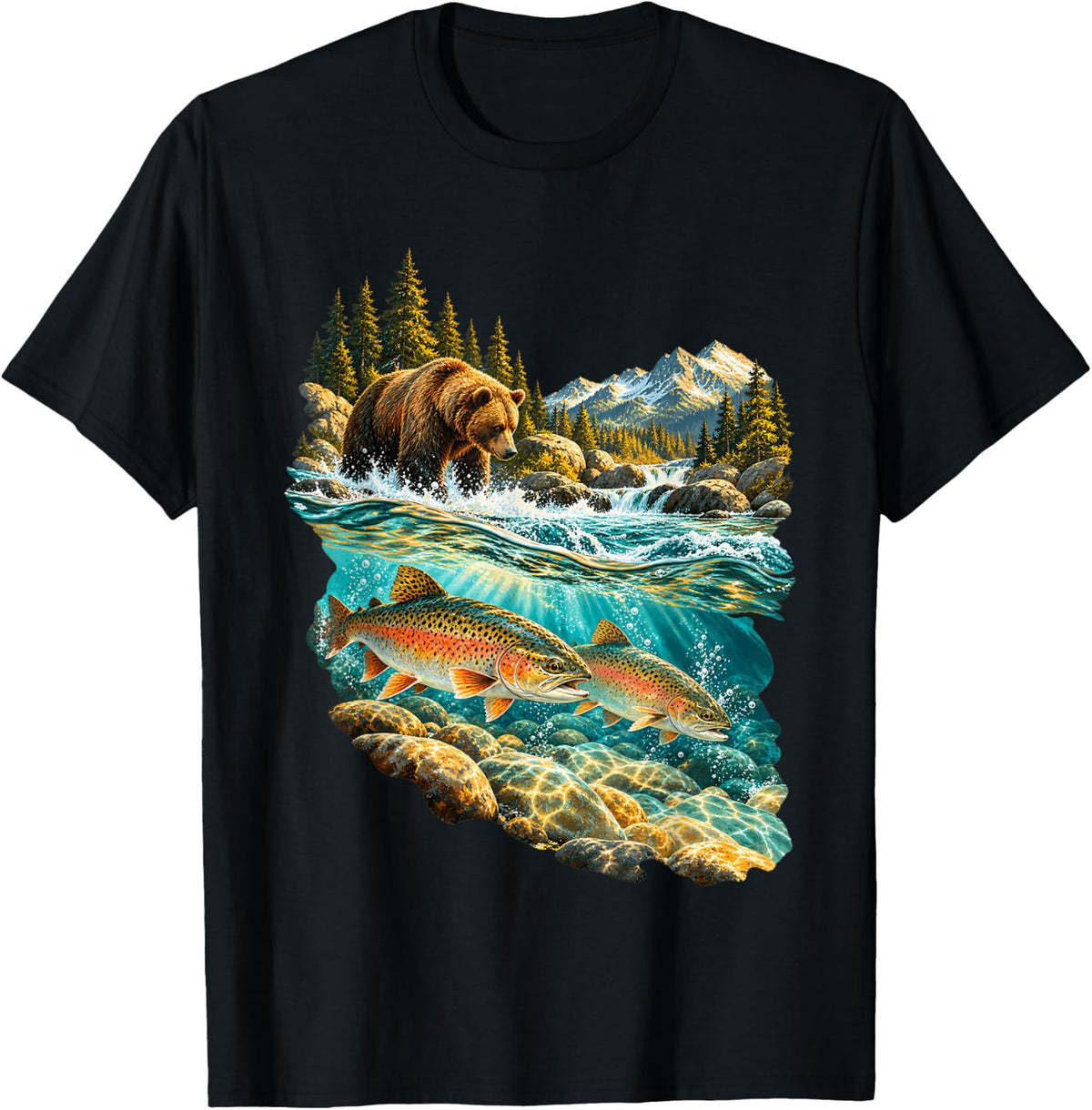 Bear Above Rainbow Trout in Mountain River T-Shirt - Black