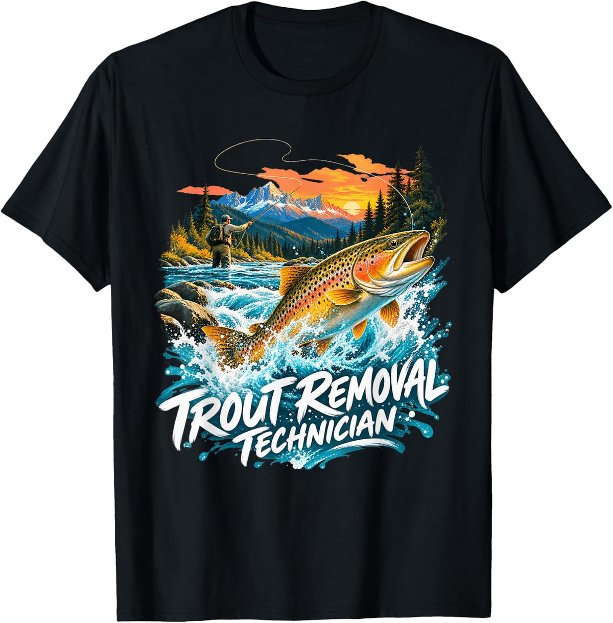Trout Removal Technician Fly Fisher and Trout T-Shirt - Black
