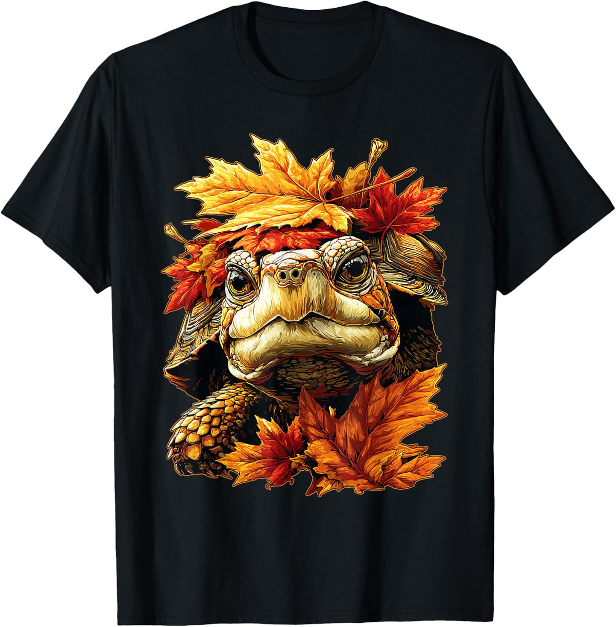 Cute Turtle with Fall Leaves Forest Animal Autumn Aesthetic T-Shirt - Black