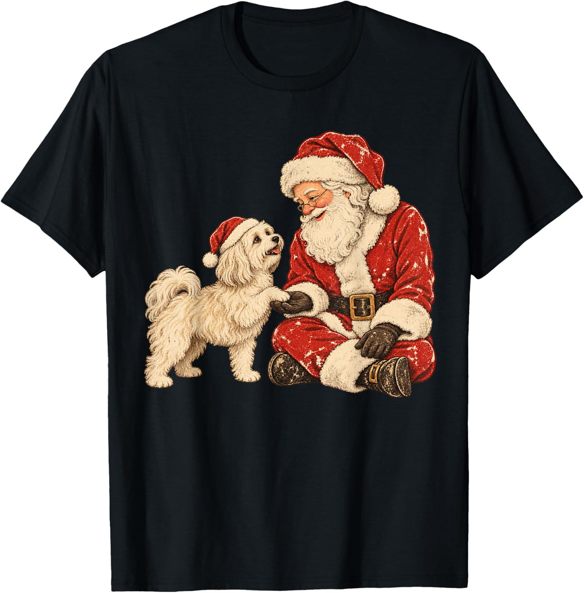 Santa Havanese Christmas Dog Paw Shake T-Shirt - Black