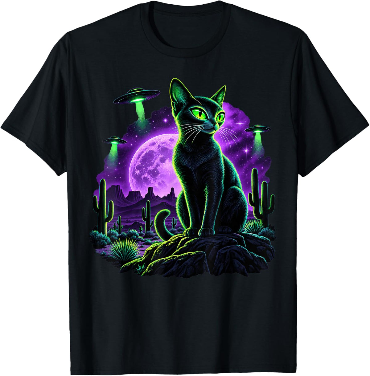 Black Green Alien Cat Under Purple Moon T-Shirt - Black