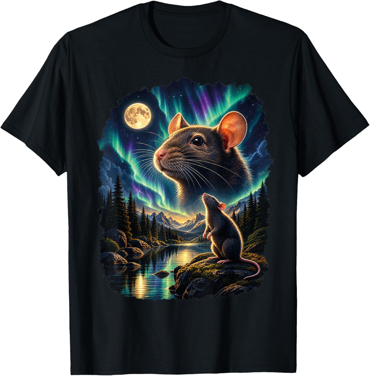 Rat Aurora Borealis Moonlight Wildlife Nature Lover T-Shirt - Black