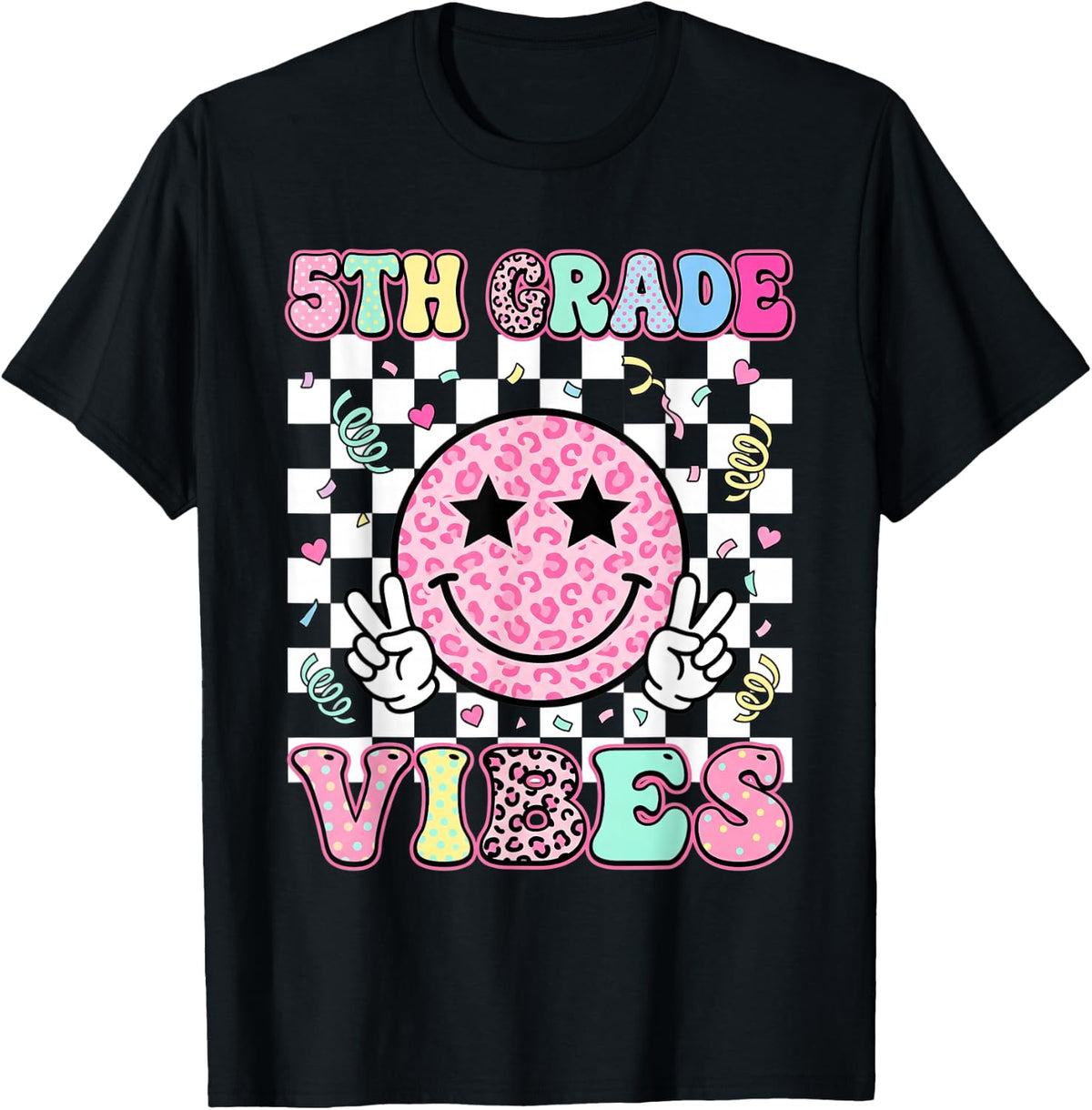5TH Grade Vibes Back to School Retro Face Girls T-Shirt - Black