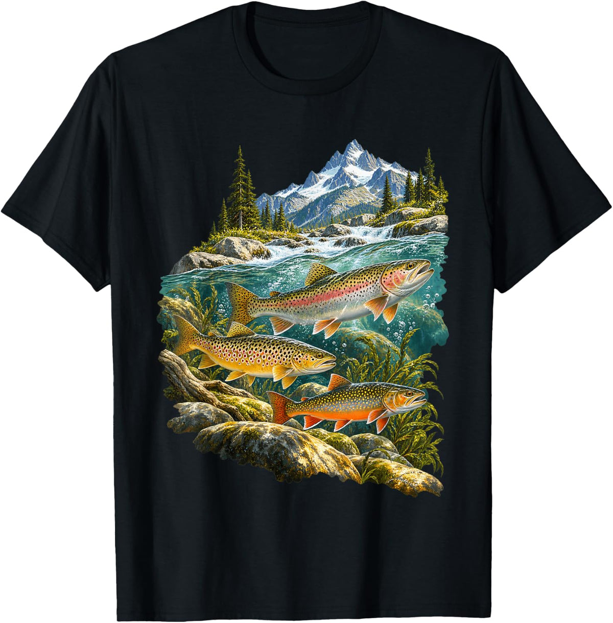 Trout Family in Mountain Stream T-Shirt - Black