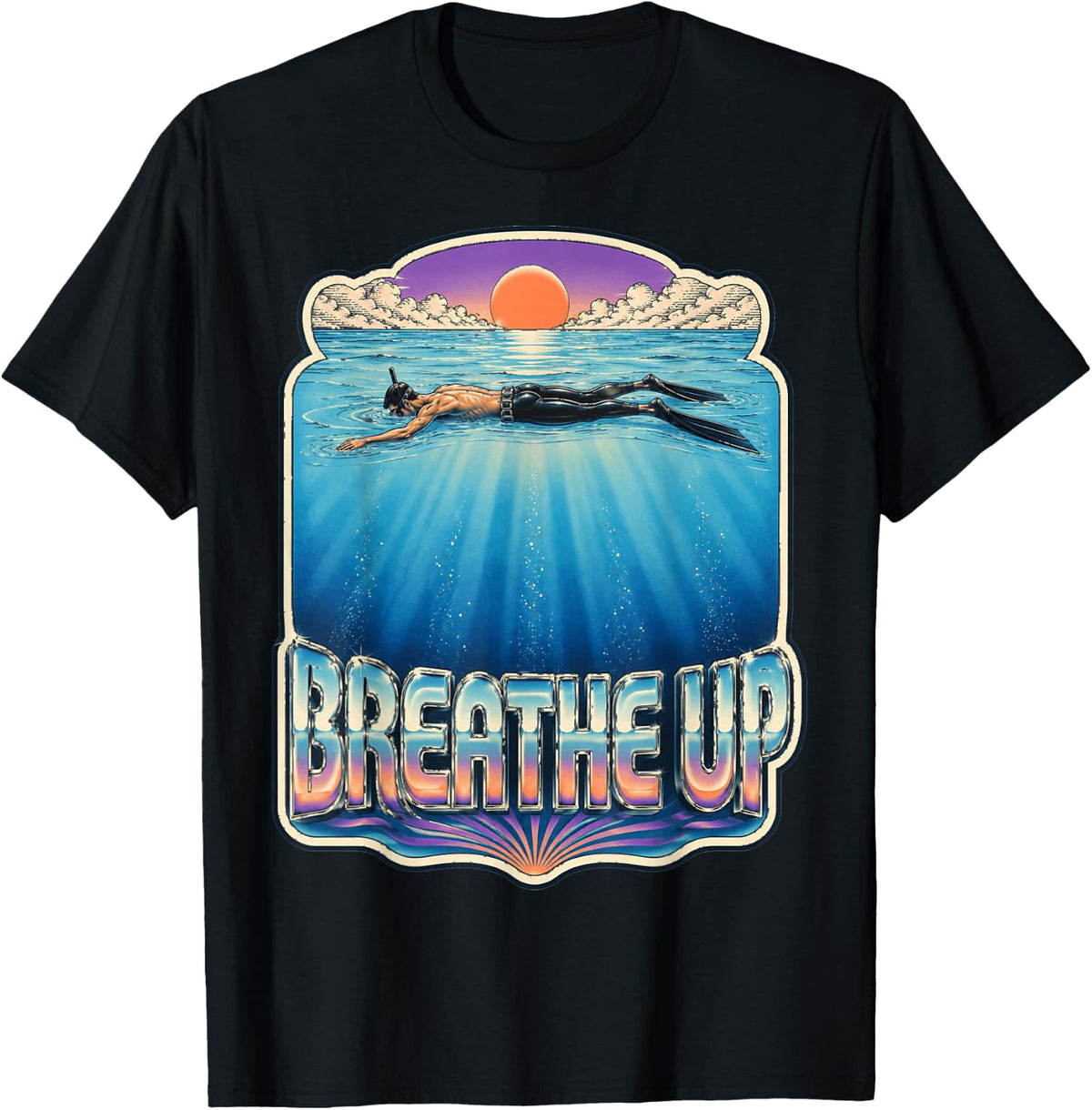 Breathe Up Spearfishing Freediving Chrome Design T-Shirt - Black