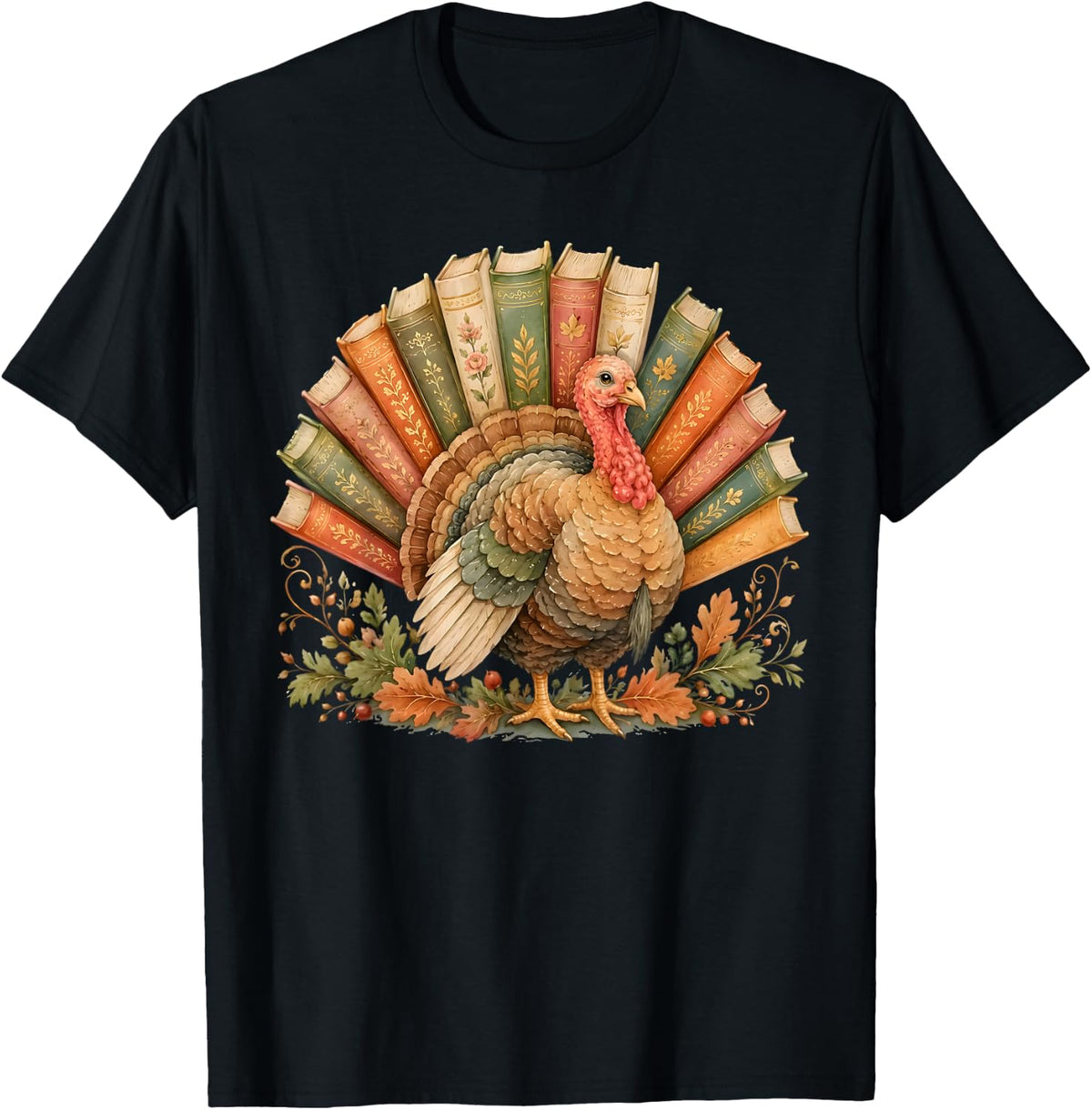Retro Thanksgiving Turkey Book Reading Fall Teacher Bookish T-Shirt - Black