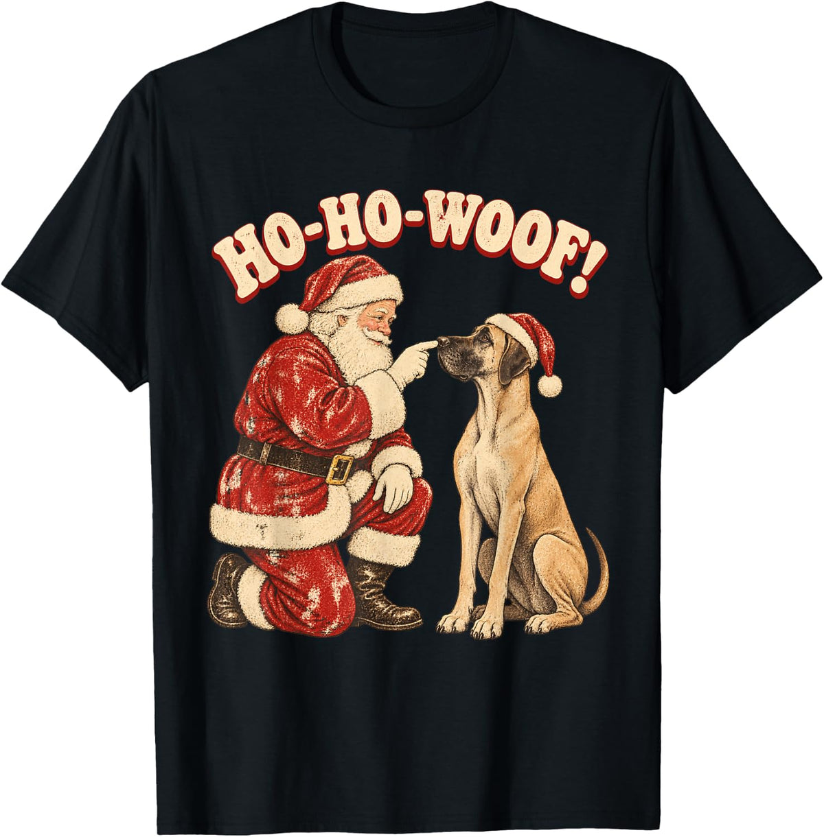 Santa Great Dane Retro Christmas Dog Ho Ho Woof T-Shirt - Black