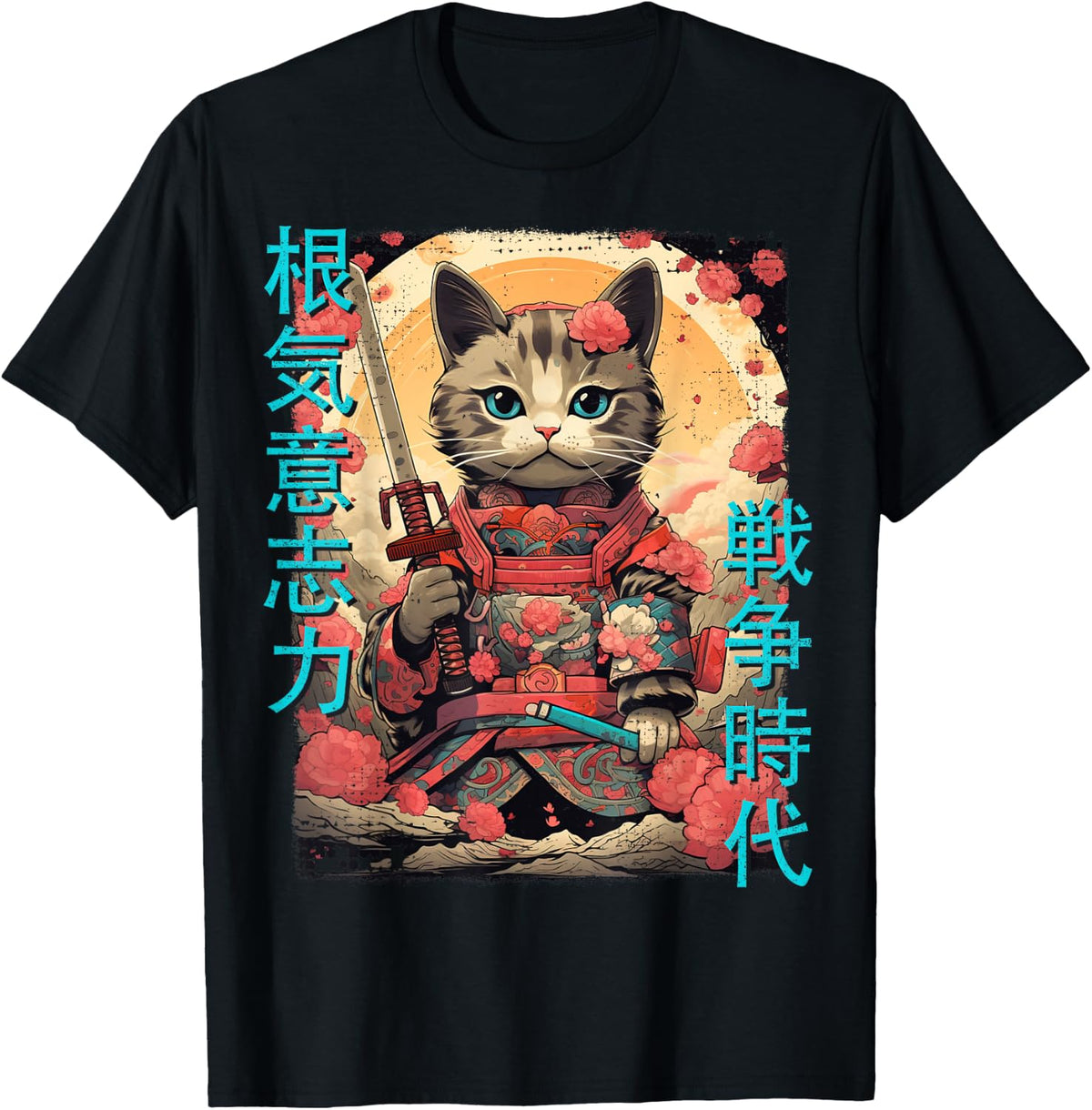 Samurai Cat Warrior Japanese Ninja Kitty Kawaii T-Shirt - Black
