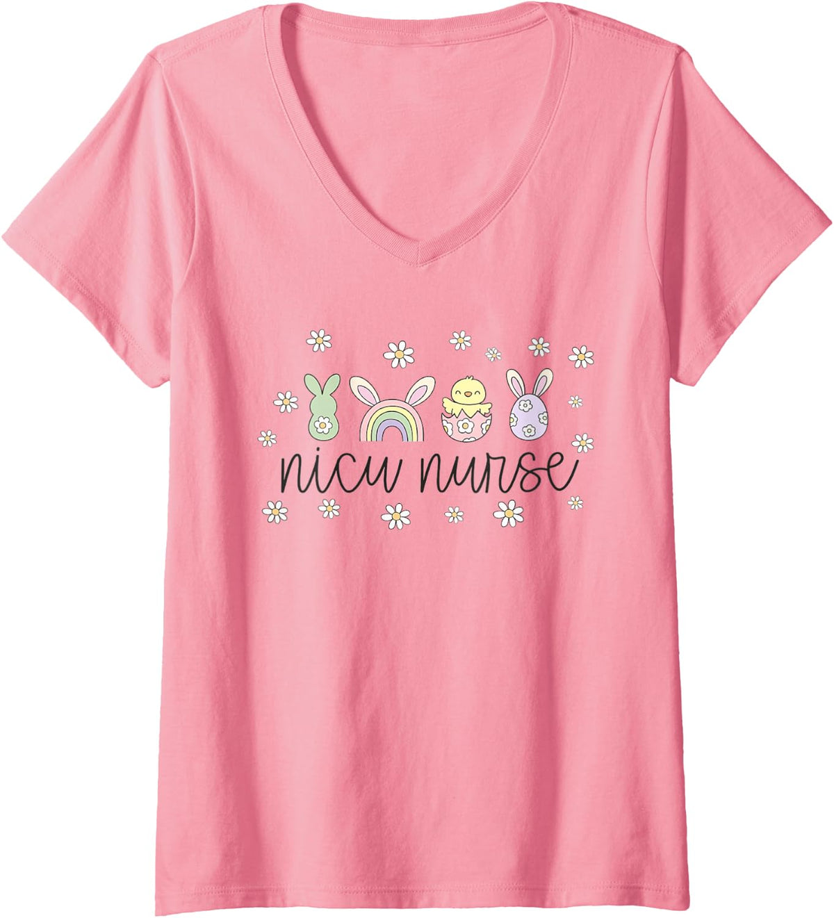 Women's Women NICU Nurse Easter Bunny Neonatal Nurse Spring V-Neck T-Shirt - Pink