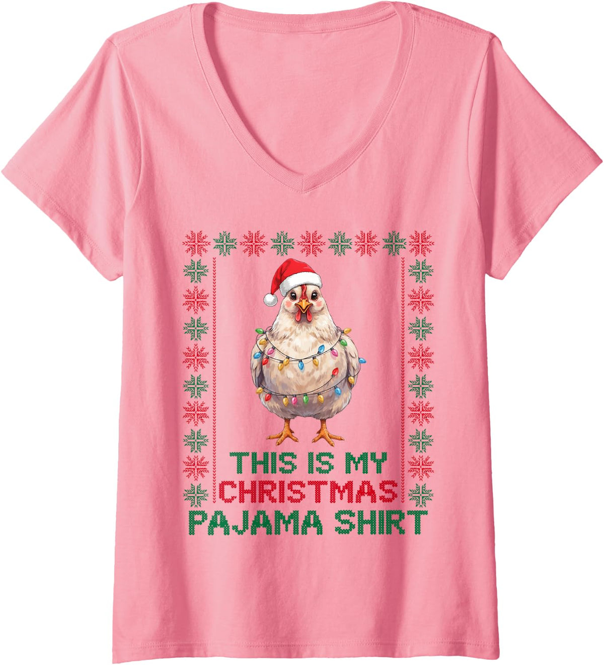 Women's Retro Chicken Funny Santa Hat Ugly Christmas Pajama Holiday V-Neck T-Shirt - Pink