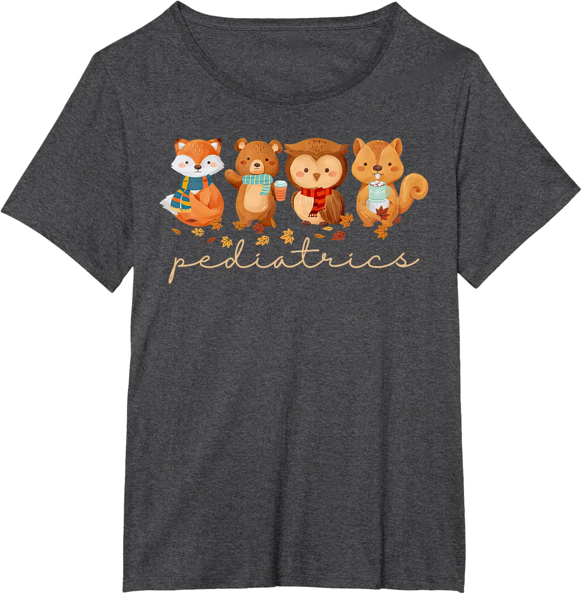 Cute Animals Pediatric Nurse Leaves Fall Thanksgiving PEDS T-Shirt - Dark Heather Grey