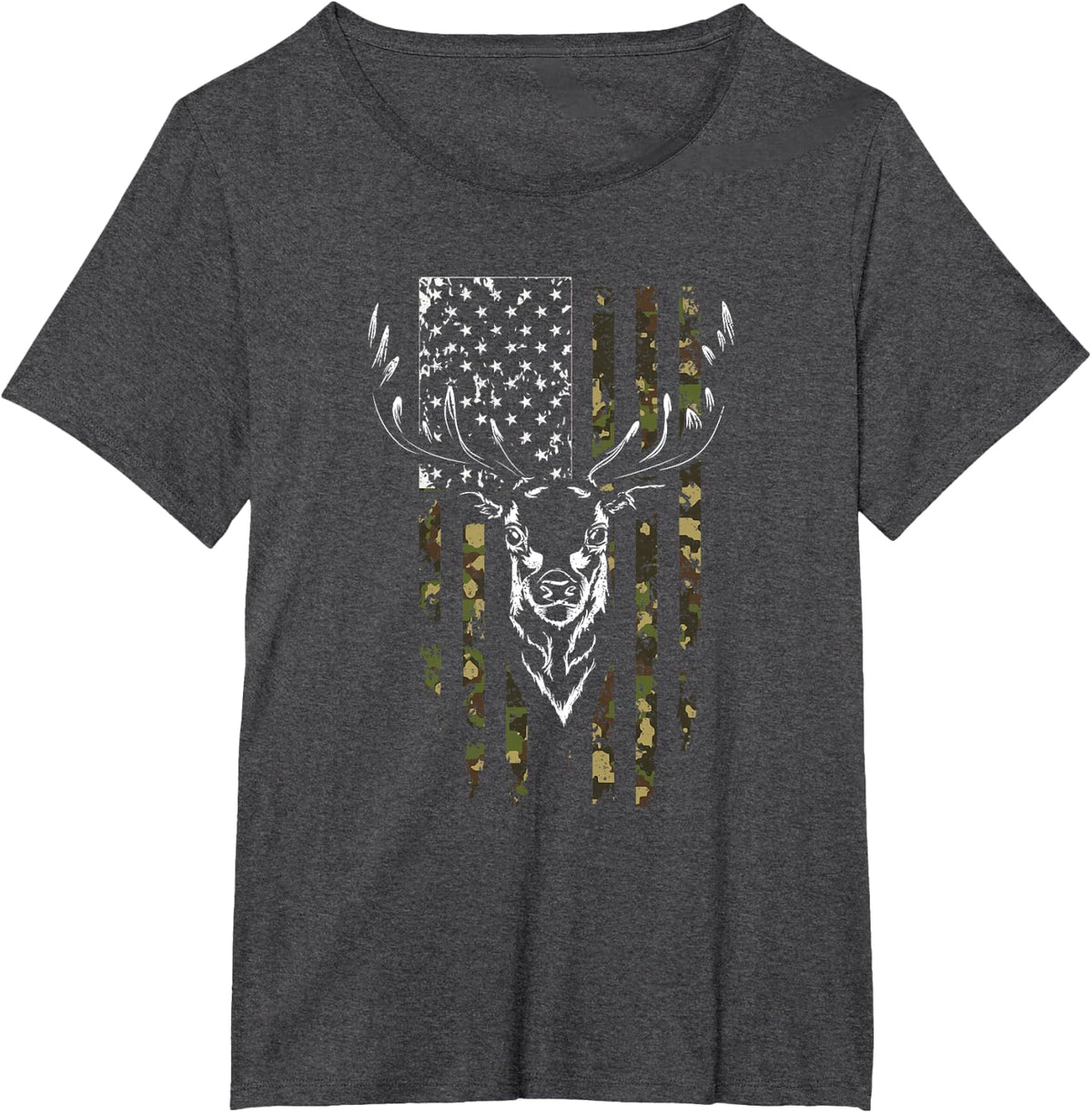 Whitetail Buck Deer Hunting American Camouflage USA Flag Elk T-Shirt for Women Kids Men - Dark Heather Grey
