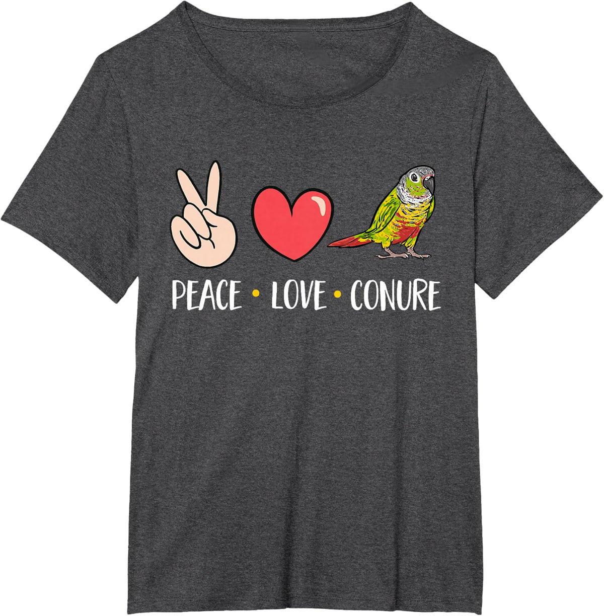 Green Cheek Conure Peace Love Conure Parrot Bird Conure T-Shirt - Dark Heather Grey