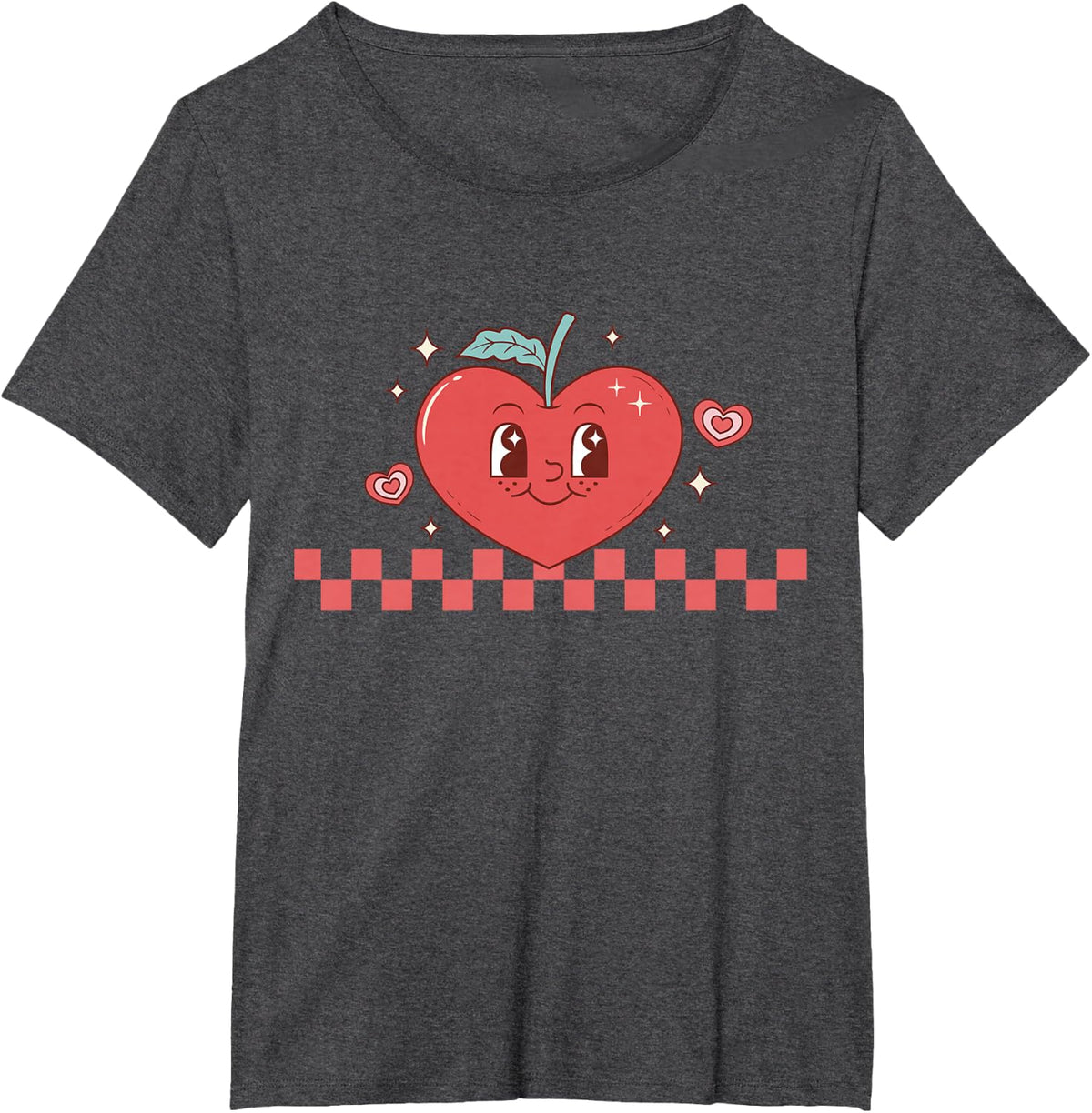 Cute Retro Checkered Apple With Face Teacher Heart Trendy Tees T Shirts - Dark Heather Grey