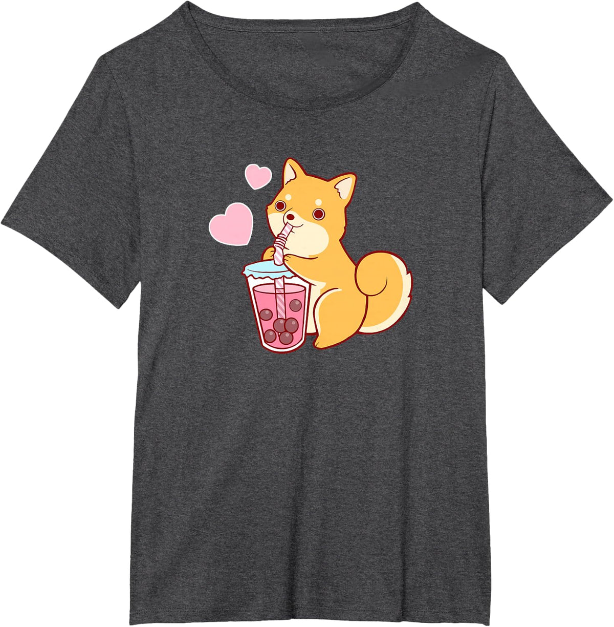 Shiba Inu Japanese Fox Dog Drinking Bubble Tea T-Shirt - Dark Heather Grey