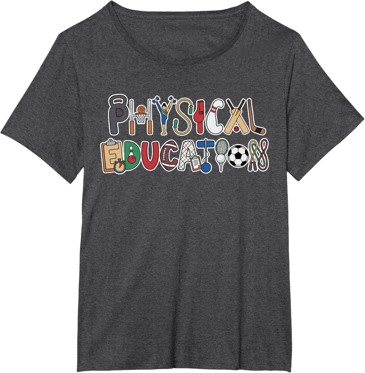 Physical Education Colorful Sports Equipment Typography T-Shirt - Dark Heather Grey