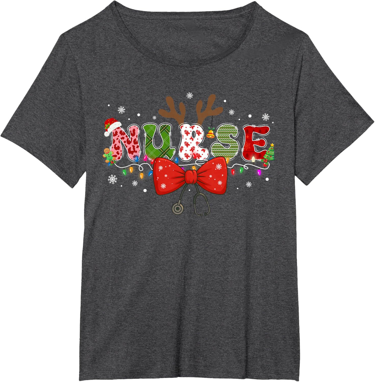Christmas Nurse Coquette Bow Stethoscope Reindeer Nursing T-Shirt - Dark Heather Grey
