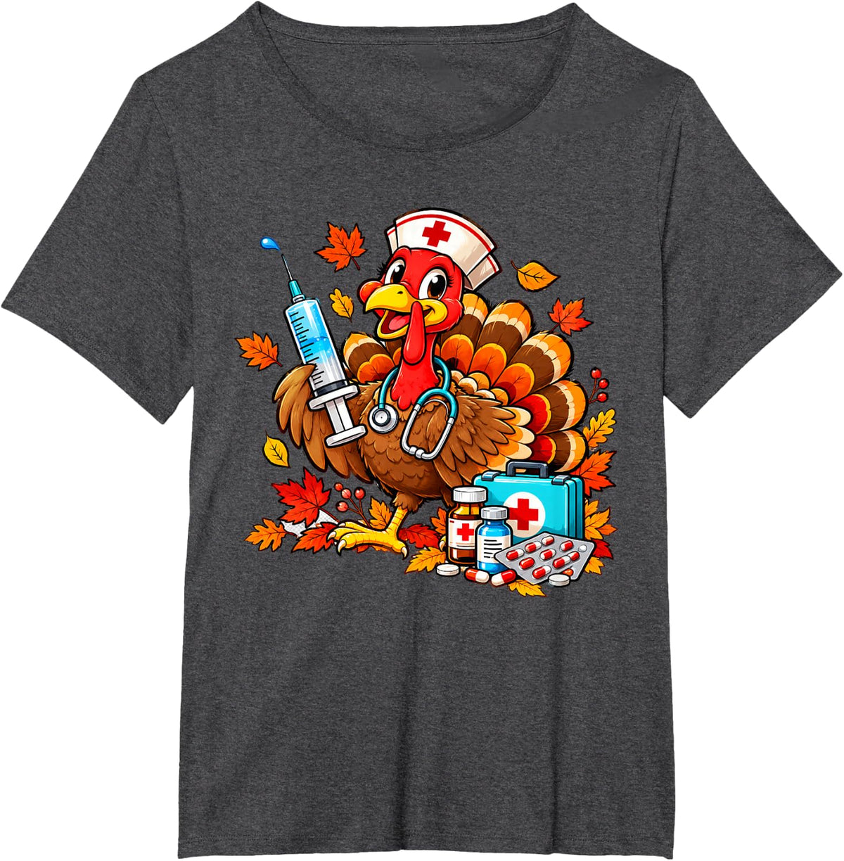 Turkey Nurse Thanksgiving Fall Scrub Nursing RN ICU ER Nicu T-Shirt - Dark Heather Grey