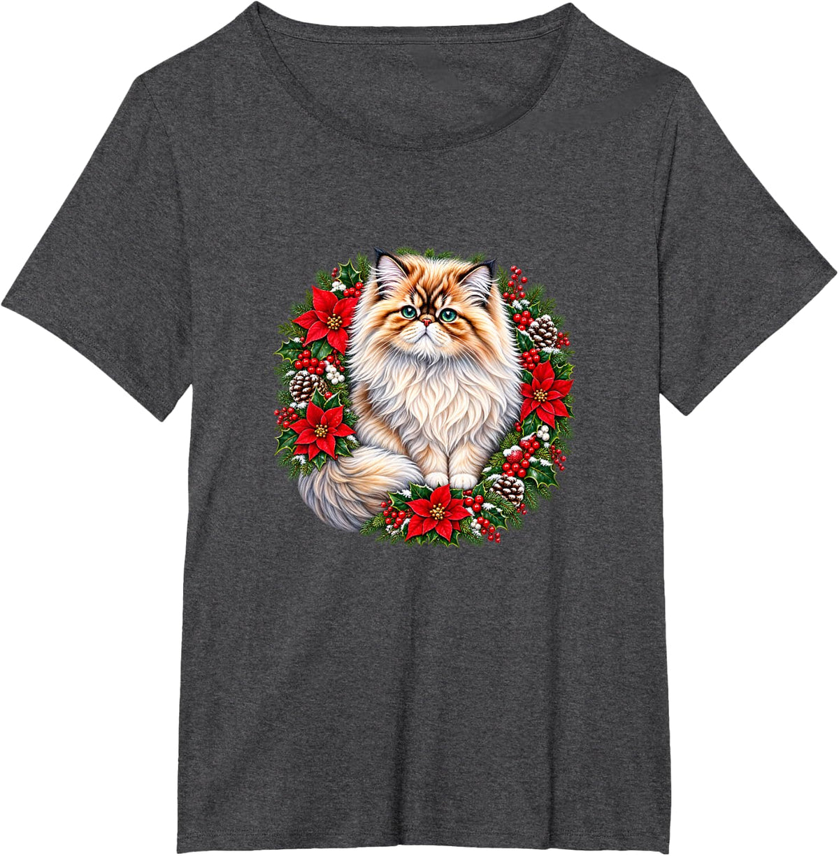 Christmas Persian Cat with Poinsettias, Hollies, Pinecones T-Shirt - Dark Heather Grey
