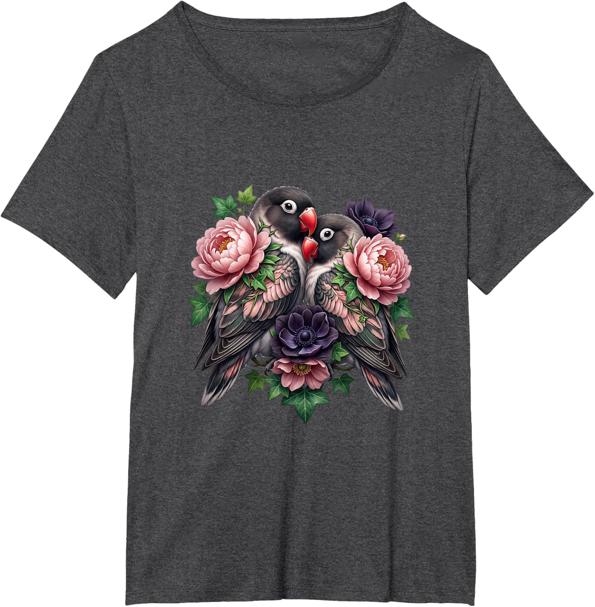 Two Lovebirds with Pink Peonies T-Shirt - Dark Heather Grey