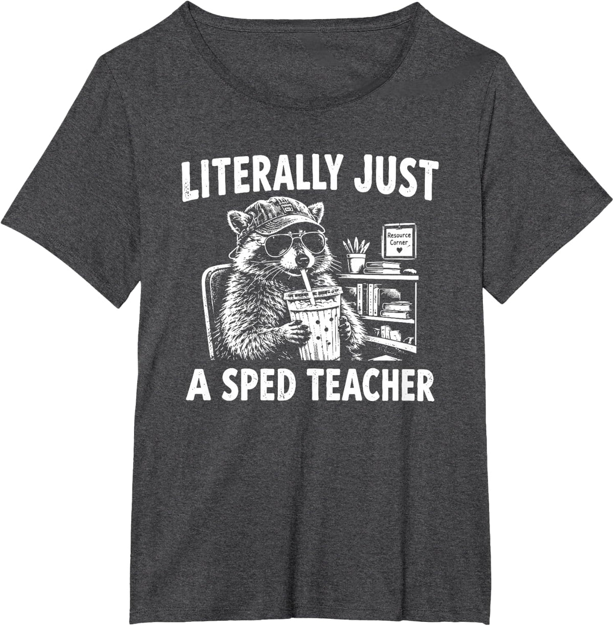 Literally Just A Sped Teacher Raccoon Retro T-Shirt - Dark Heather Grey