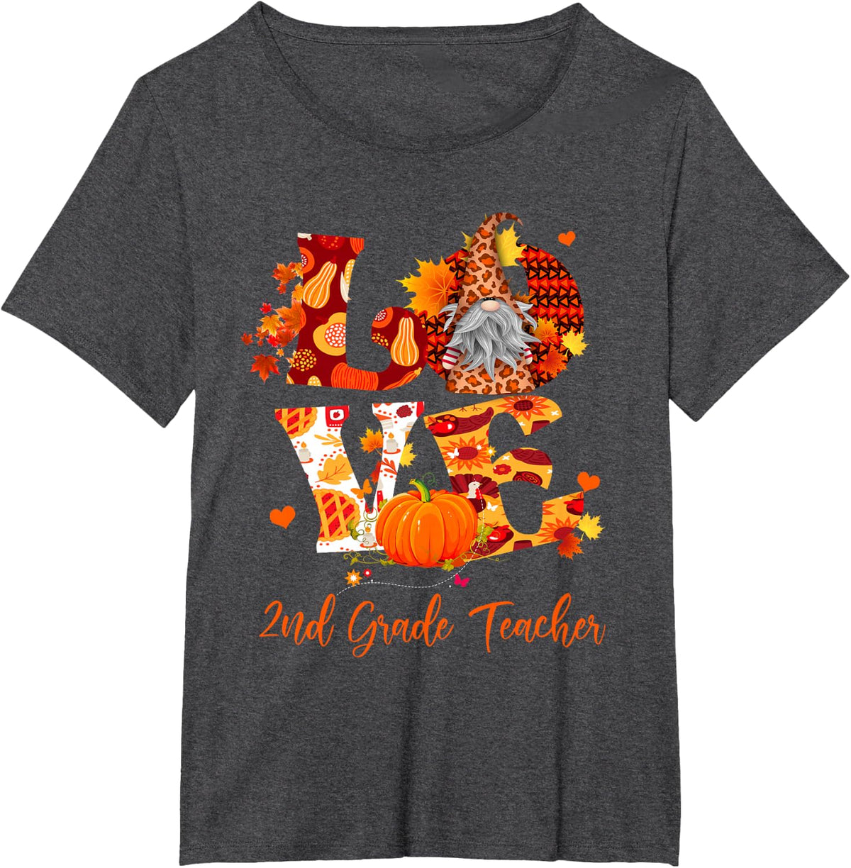 Fall Leopard Love 2nd Grade Teacher Thanksgiving Gnome T-Shirt - Dark Heather Grey