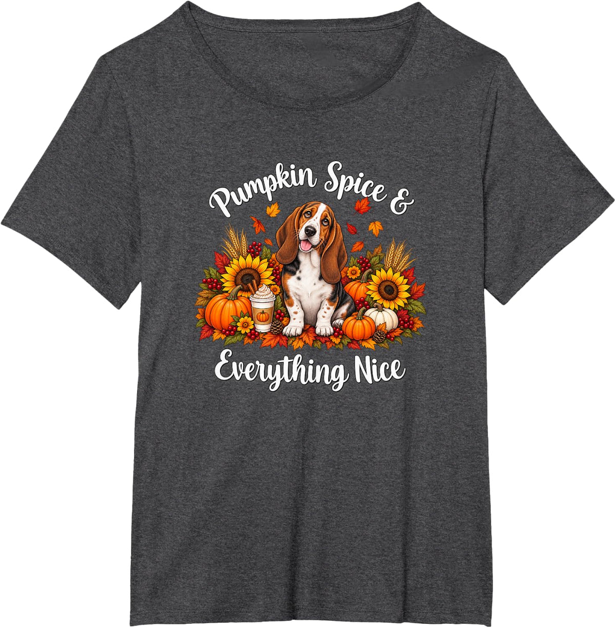 Womens Girls Moms Fall Pumpkin Spice Basset Hound Lover T-Shirt - Dark Heather Grey
