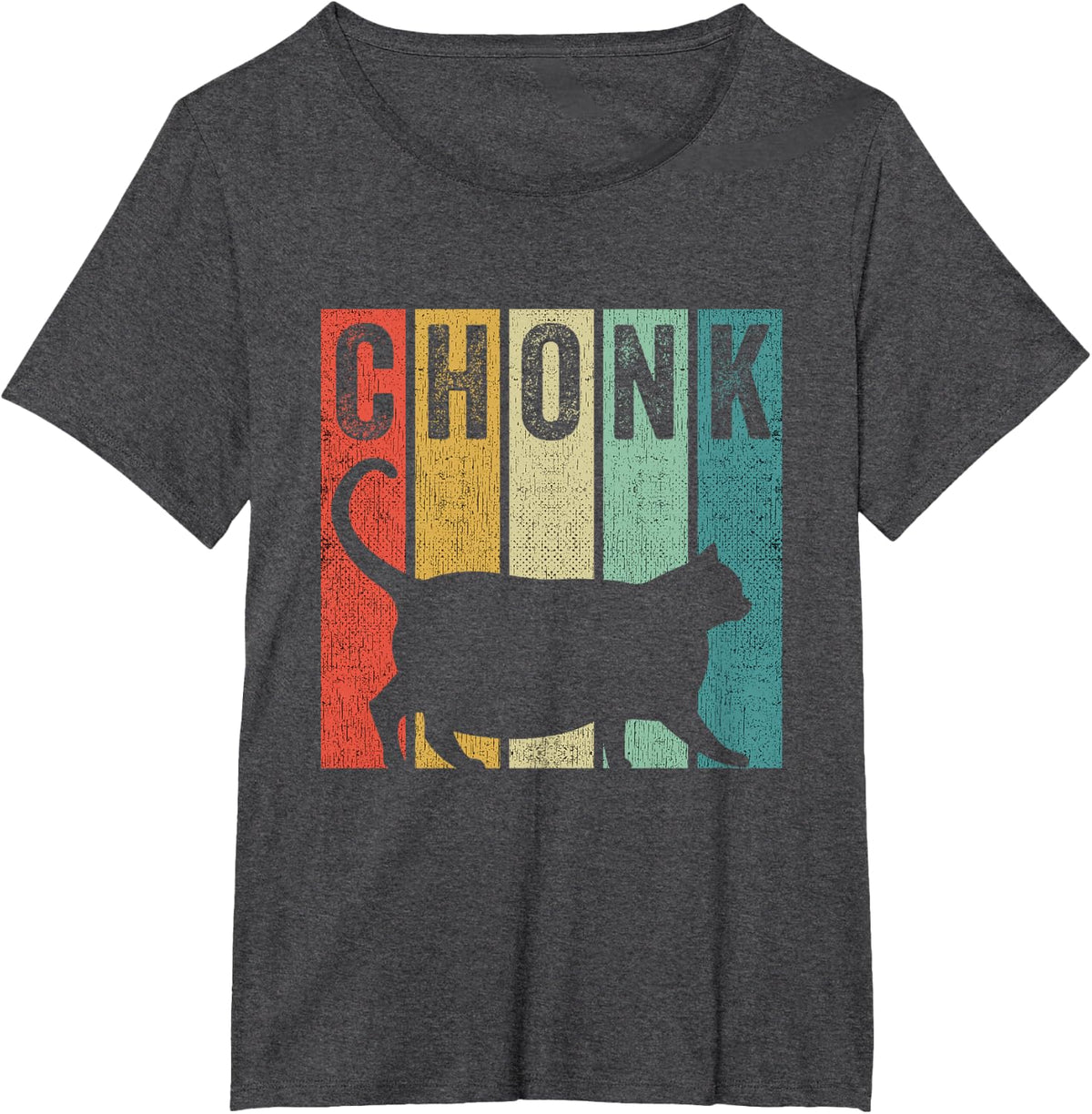Chonk Distressed 70s 80s Retro Style Funny Fat Cat Meme T-Shirt - Dark Heather Grey