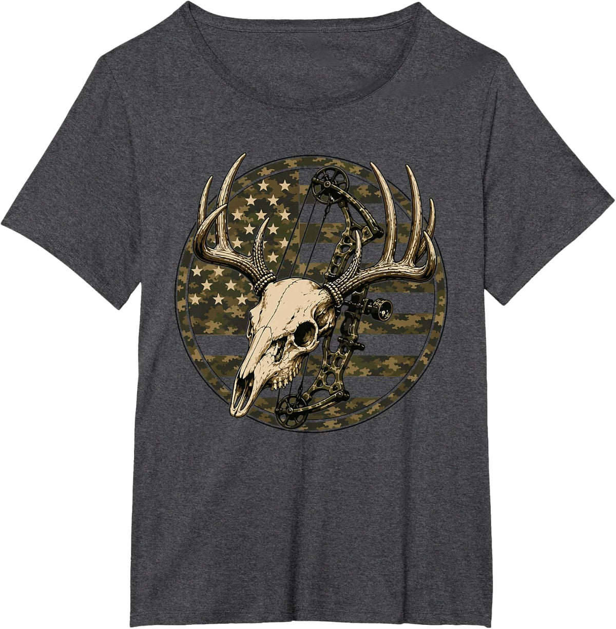 Men Camo Deer Hunting American Flag Elk Skull Buck Patriotic T-Shirt - Dark Heather Grey