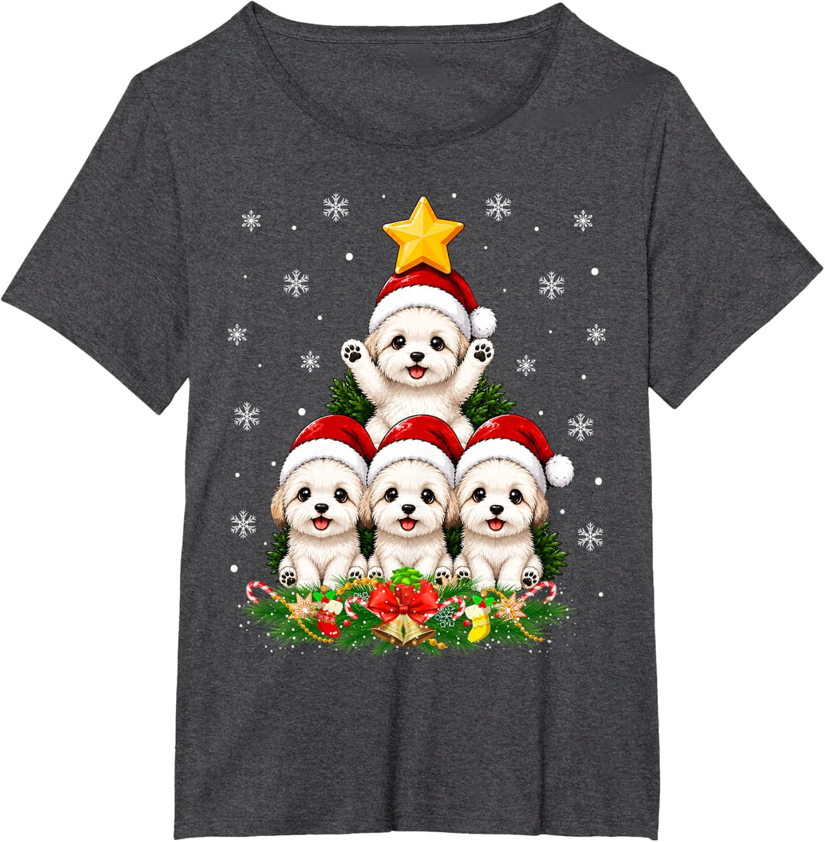Cute Havanese Dog Christmas Tree Festive Havanese Puppy Xmas T-Shirt - Dark Heather Grey