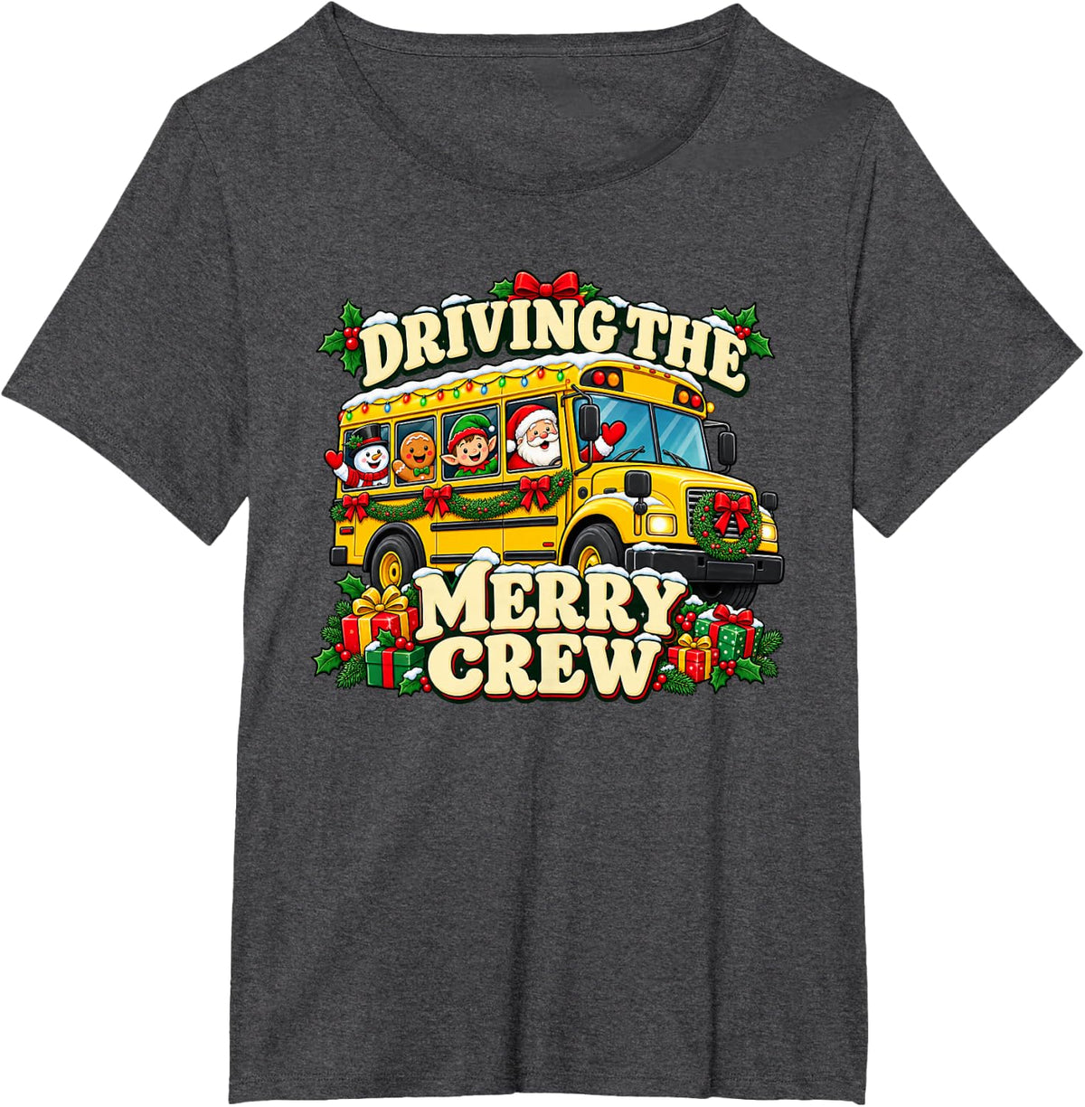 Driving the Merry Crew School Bus Driver Christmas Design T-Shirt - Dark Heather Grey