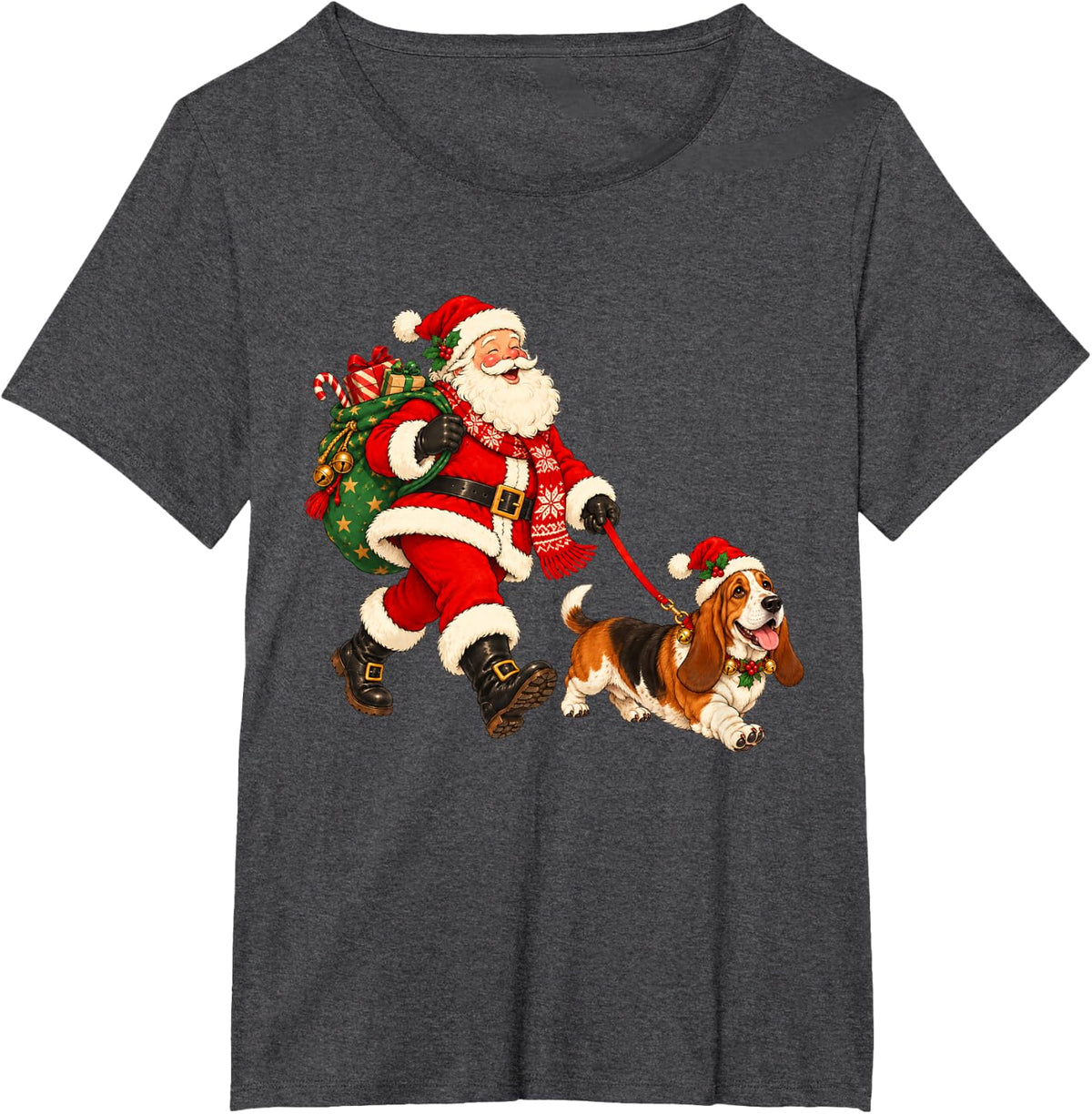 Basset Hound Christmas Dog Walking with Santa Holiday Dog T-Shirt - Dark Heather Grey