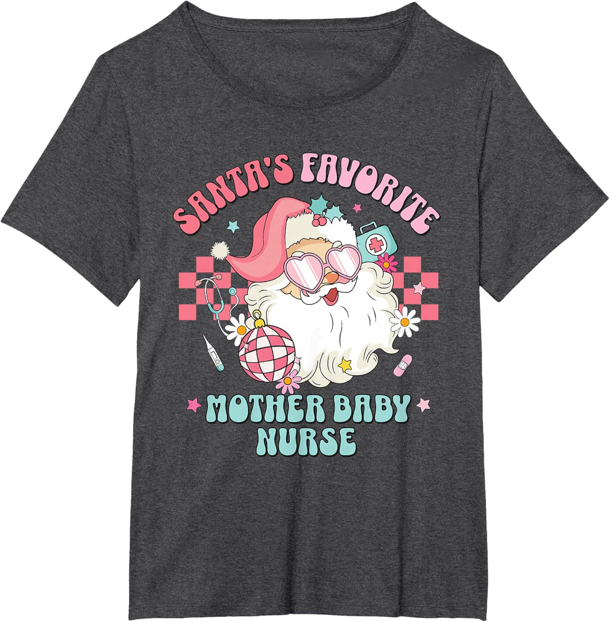 Retro Pink Christmas Santa's Favorite Mother Baby Nurse L&D T-Shirt - Dark Heather Grey