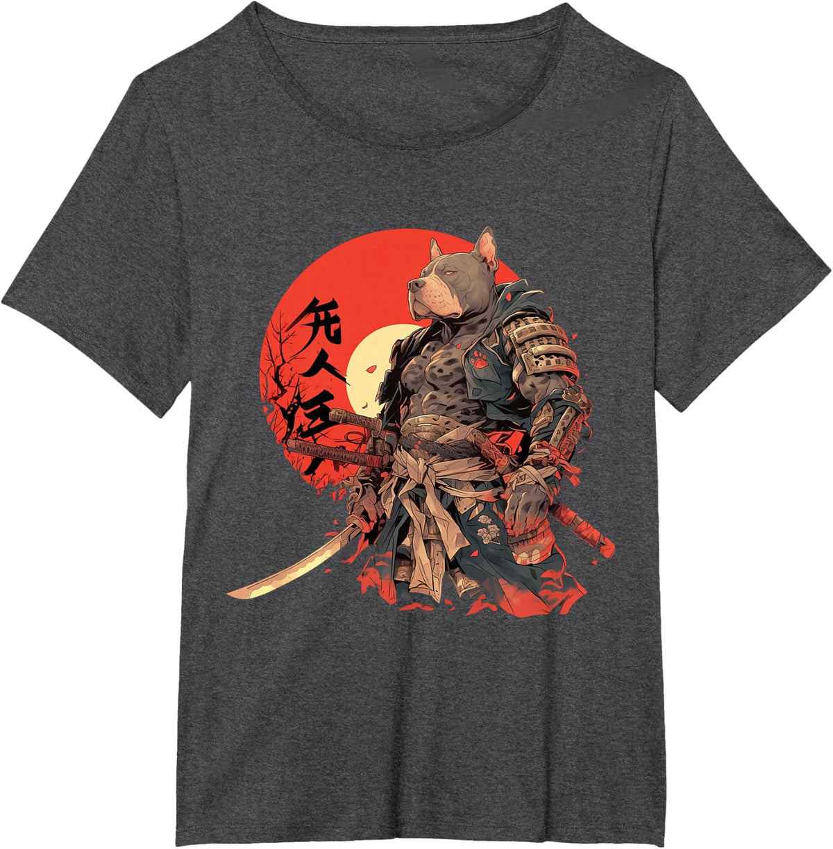 Japanese Art Dog Ninja Ukiyo-e Anime Style Samurai Pitbull T-Shirt - Dark Heather Grey