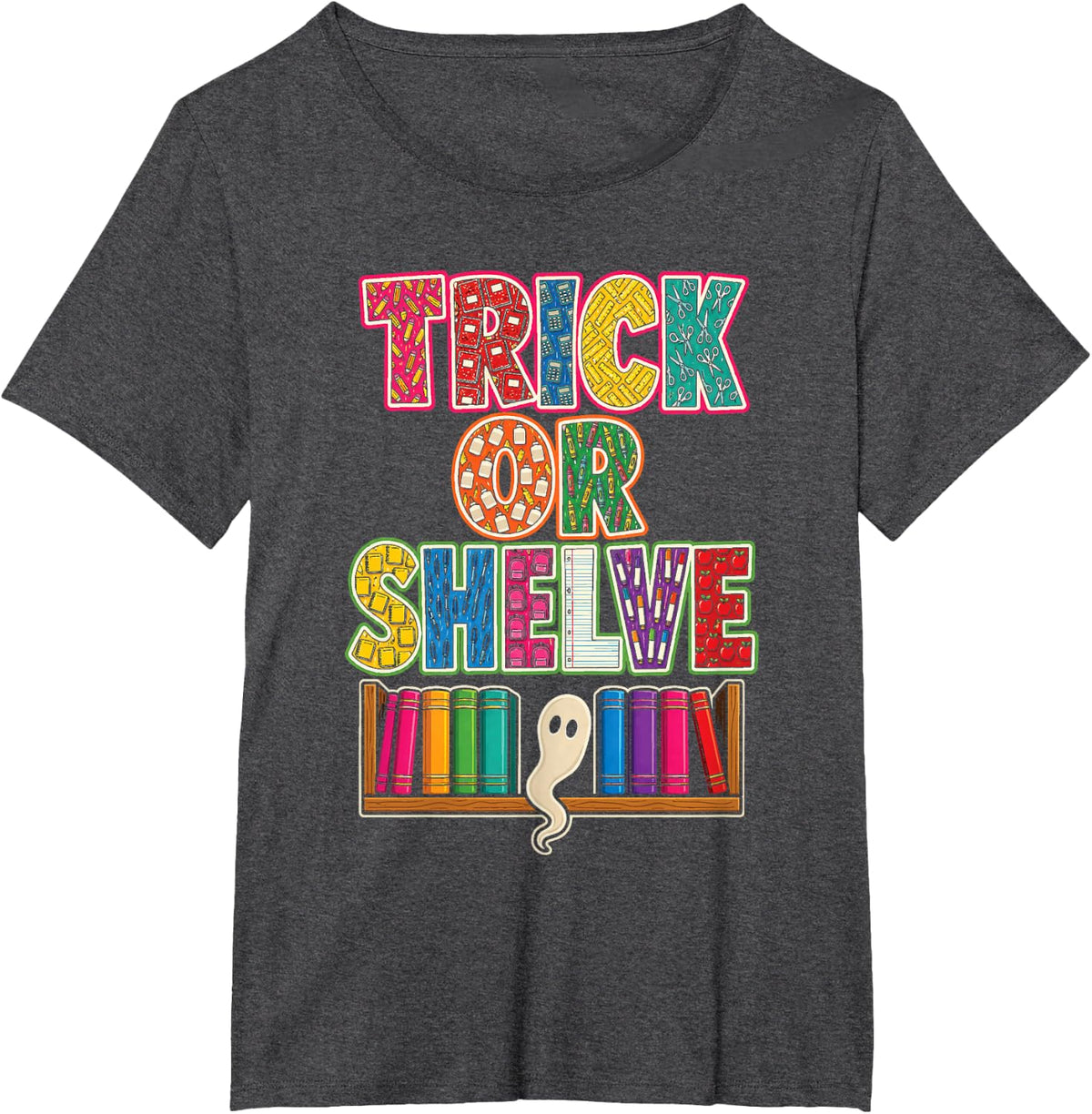 School Librarian Trick Or Shelve Halloween Books Ghost T-Shirt - Dark Heather Grey