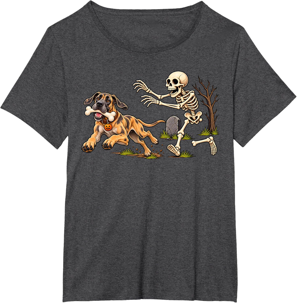 Funny Great Dane Dog Stealing Bone from Skeleton Halloween T-Shirt - Dark Heather Grey