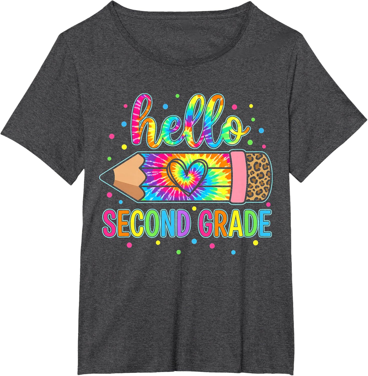 Hello 2nd Grade Back to School Tie Dye Pencil Leopard Heart T-Shirt - Dark Heather Grey
