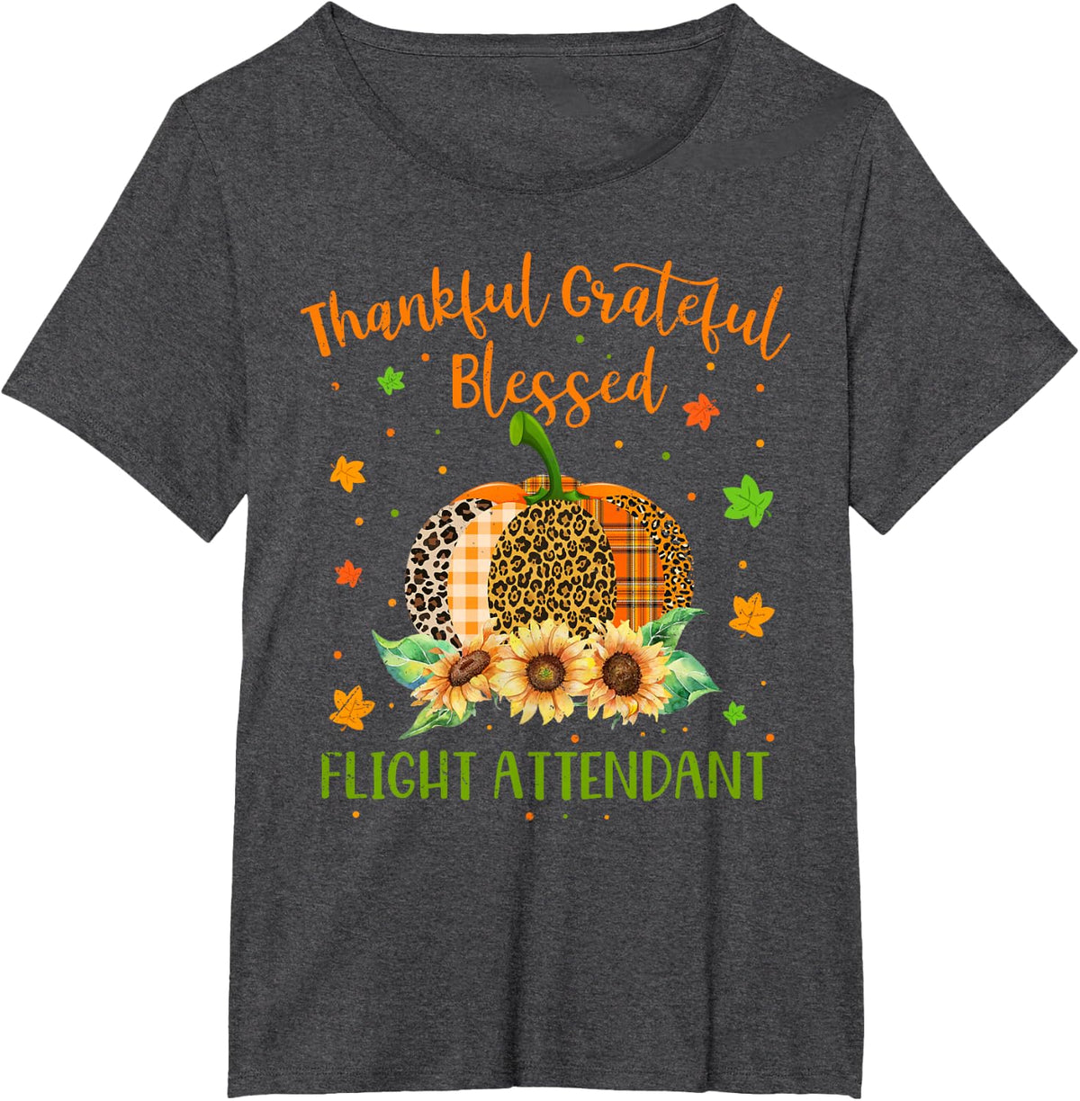 Thankful Flight Attendant Pumpkin Sunflower Thanksgiving T-Shirt - Dark Heather Grey