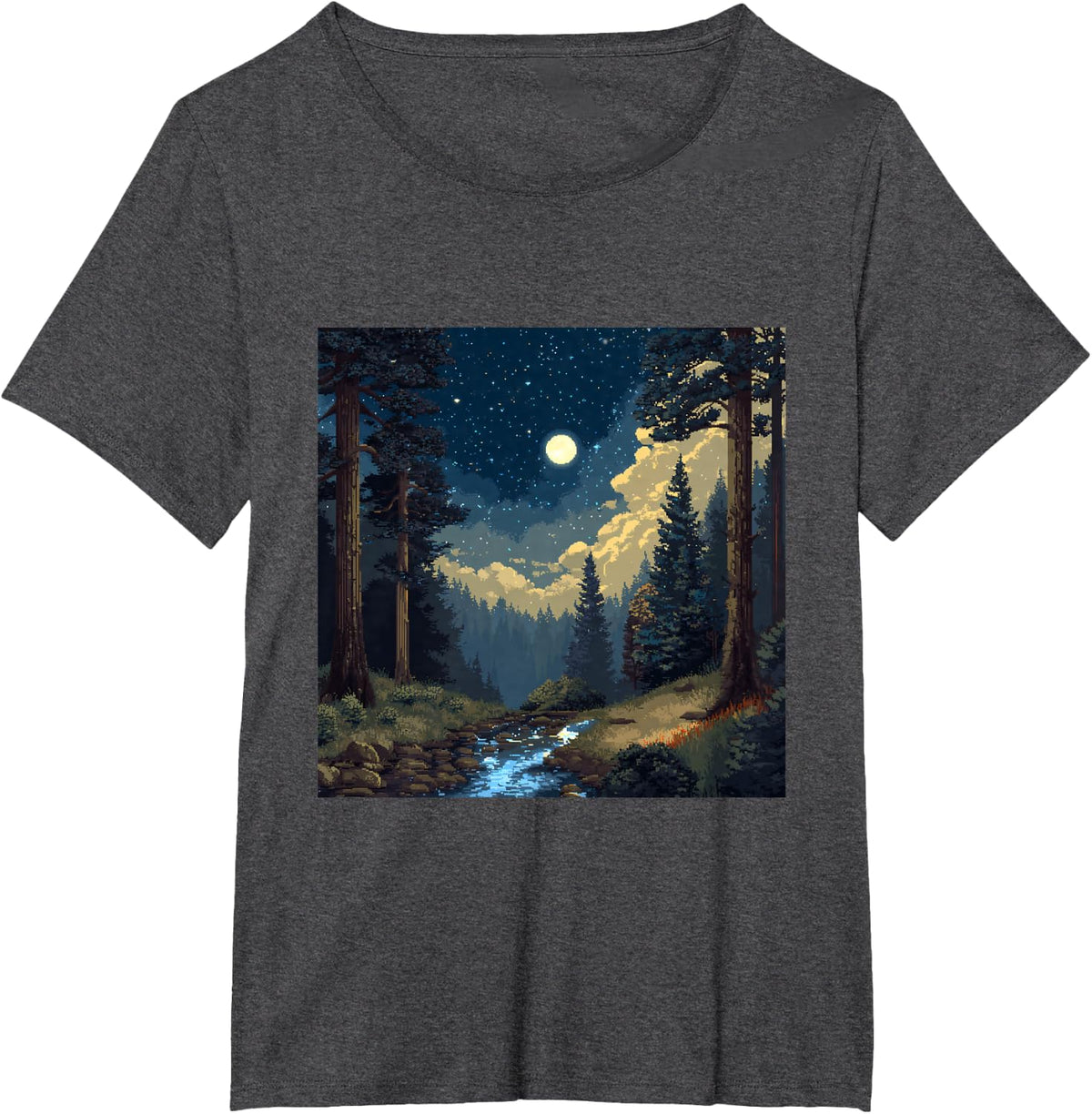 Pixel Art Forest Night Sky Moon River T-Shirt - Dark Heather Grey