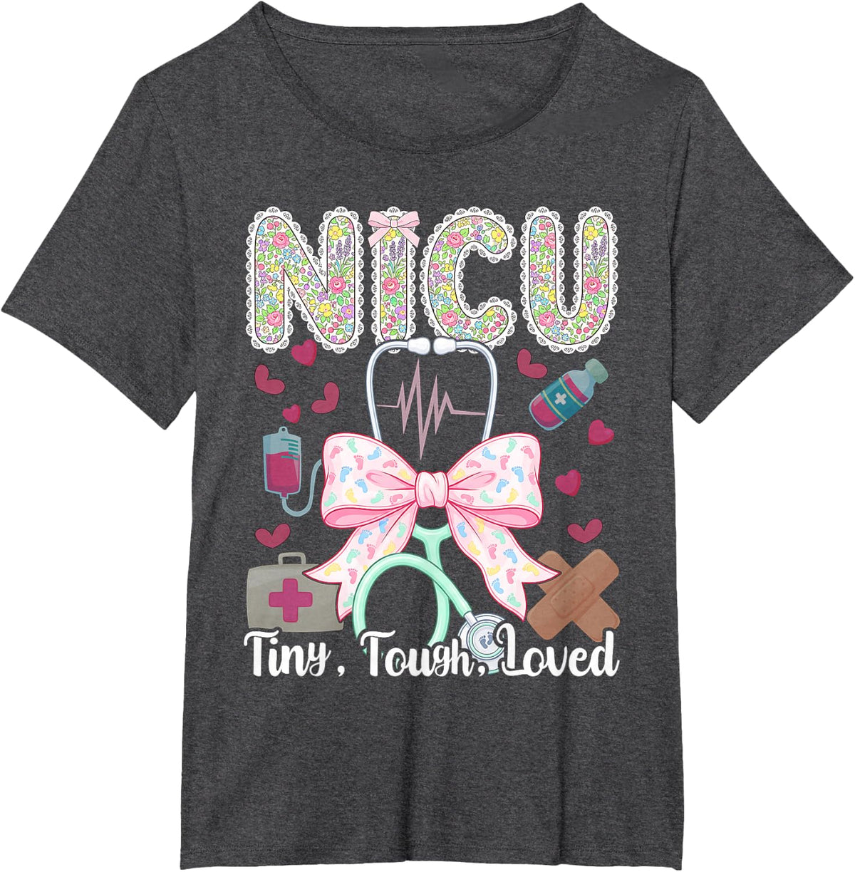 Cute Floral Nicu Tiny Tough Loved Nurse Appreciation Graphic T-Shirt - Dark Heather Grey