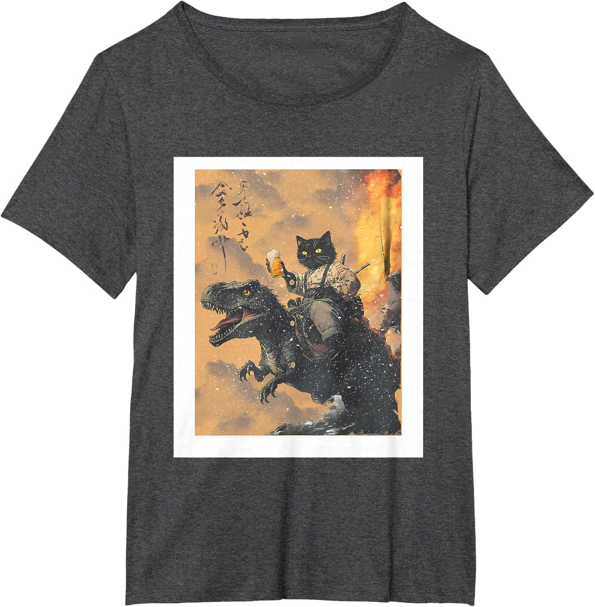Cat Riding Dinosaur T rex Funny Purrassic Kitty Kitten T-Shirt - Dark Heather Grey