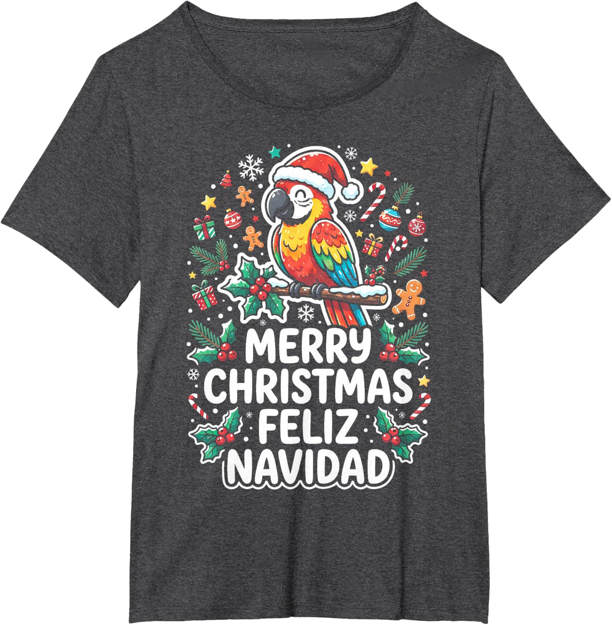 Merry Christmas Feliz Navidad Parrot Festive T-Shirt - Dark Heather Grey