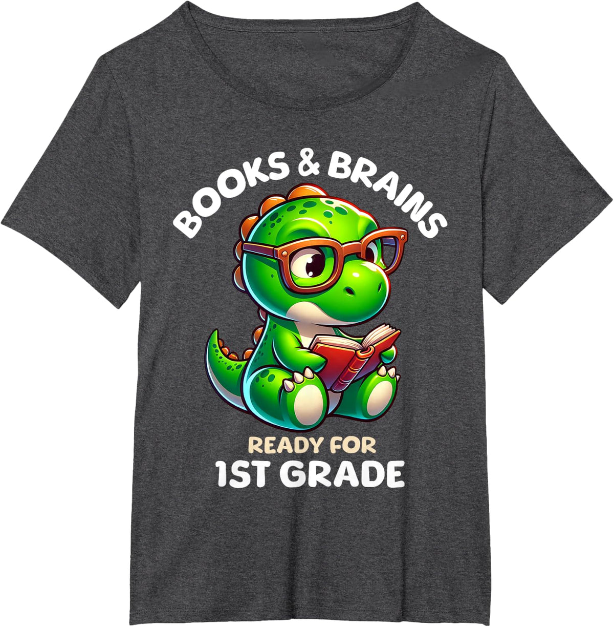 1st Grade Back to School Funny Dinosaur Reading Books T-Shirt - Dark Heather Grey