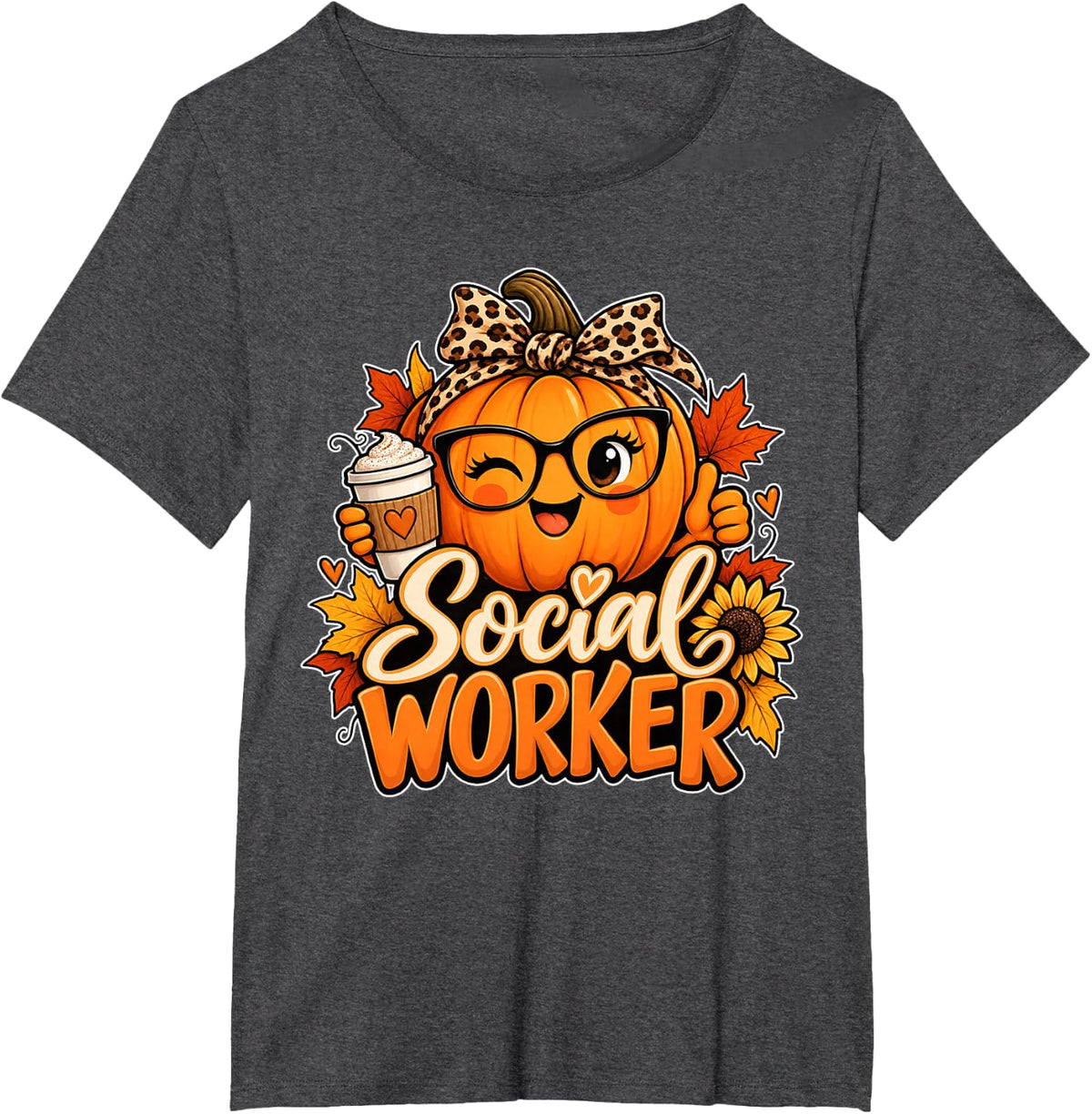 Social Worker Pumpkin Coffee Leopard Bow Autumn Fall Art T-Shirt - Dark Heather Grey